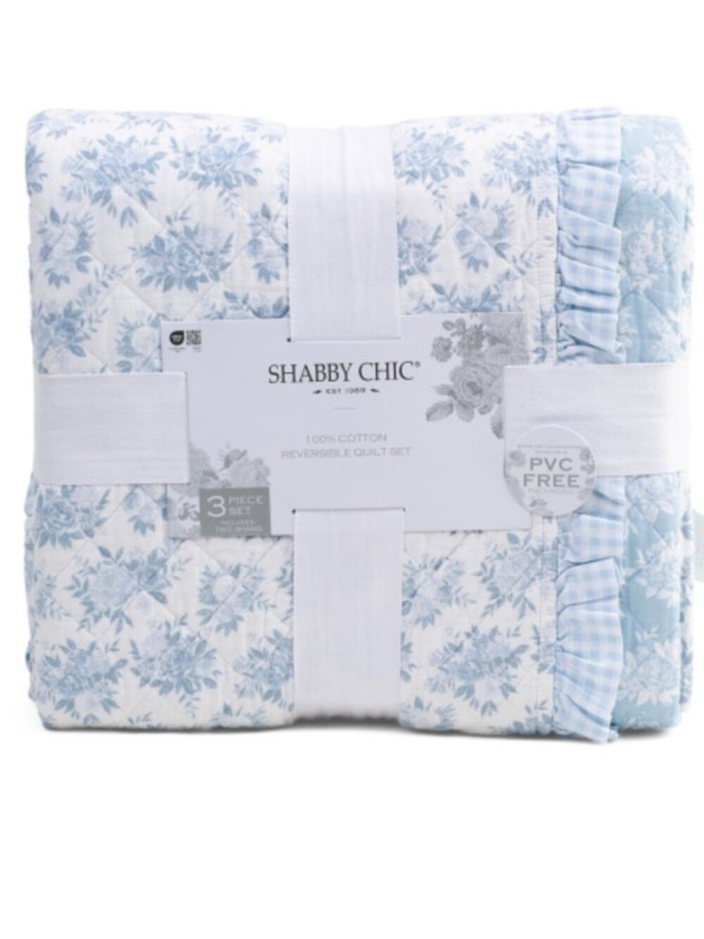 Shabby Chic Light Blue Floral Reversible Quilt Set with Gingham Ruffle